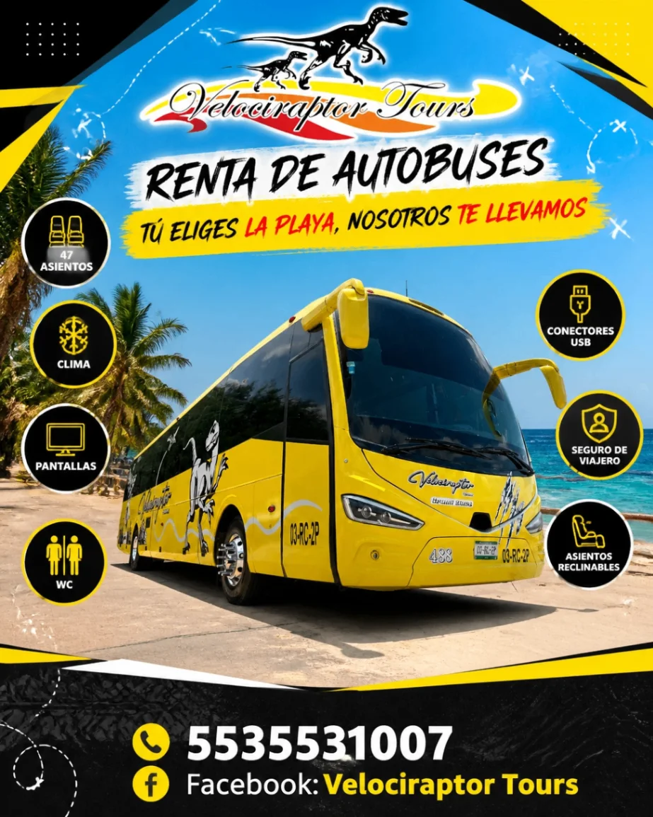 Autobús amarillo de Velociraptor Tours frente a una playa