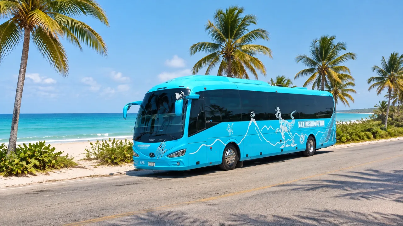 Autobús IRIZAR I5 azul visto de frente en una carretera con palmeras